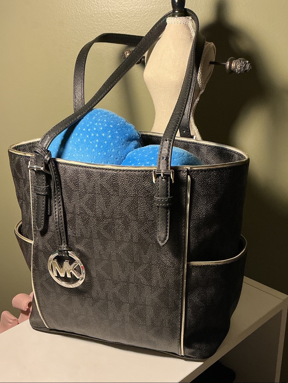Michael Kors Black MK Signature Tote with Silver Tone Logo Charm